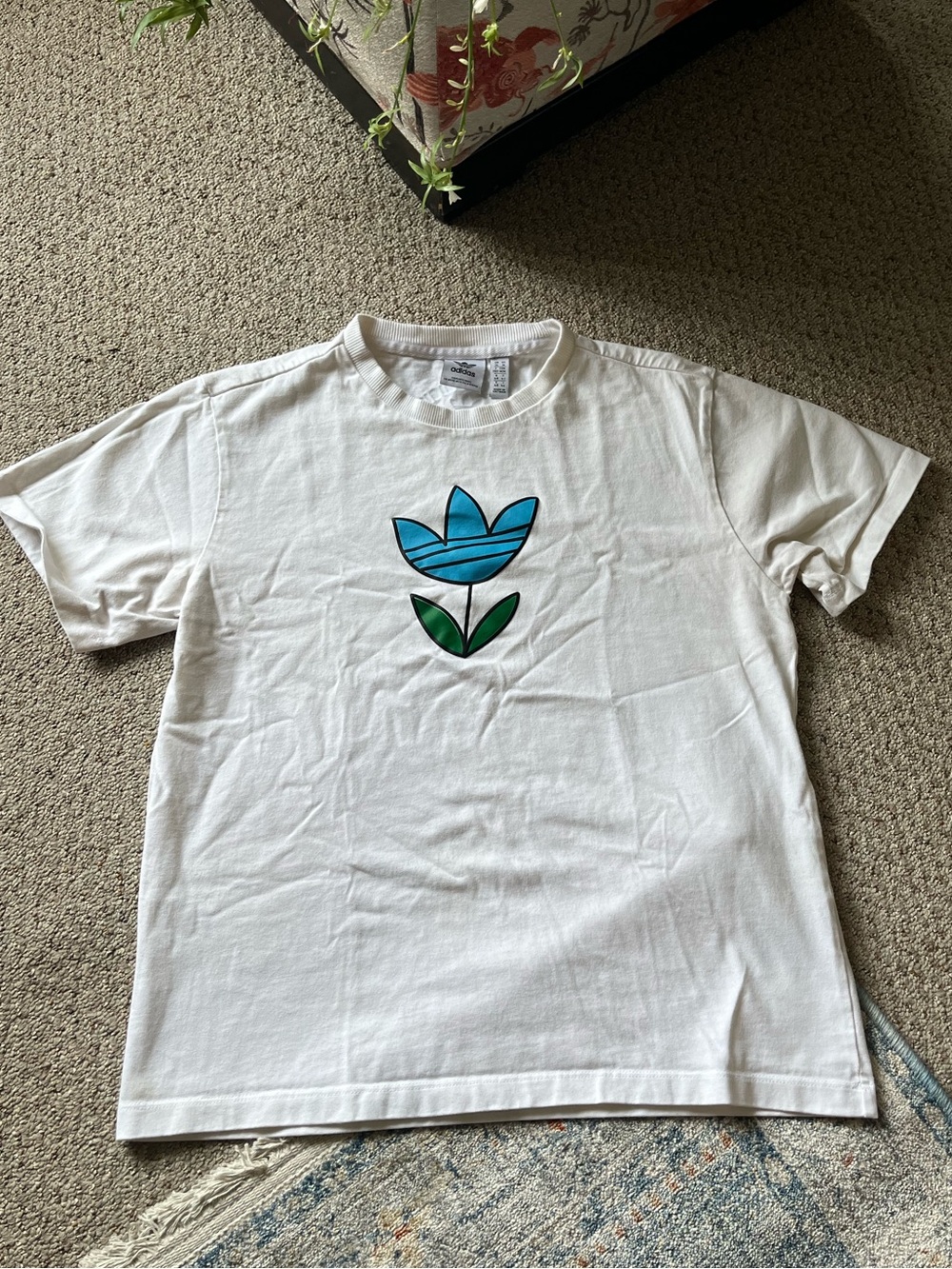 adidas White Kids Tee with Blue & Green Flower Logo